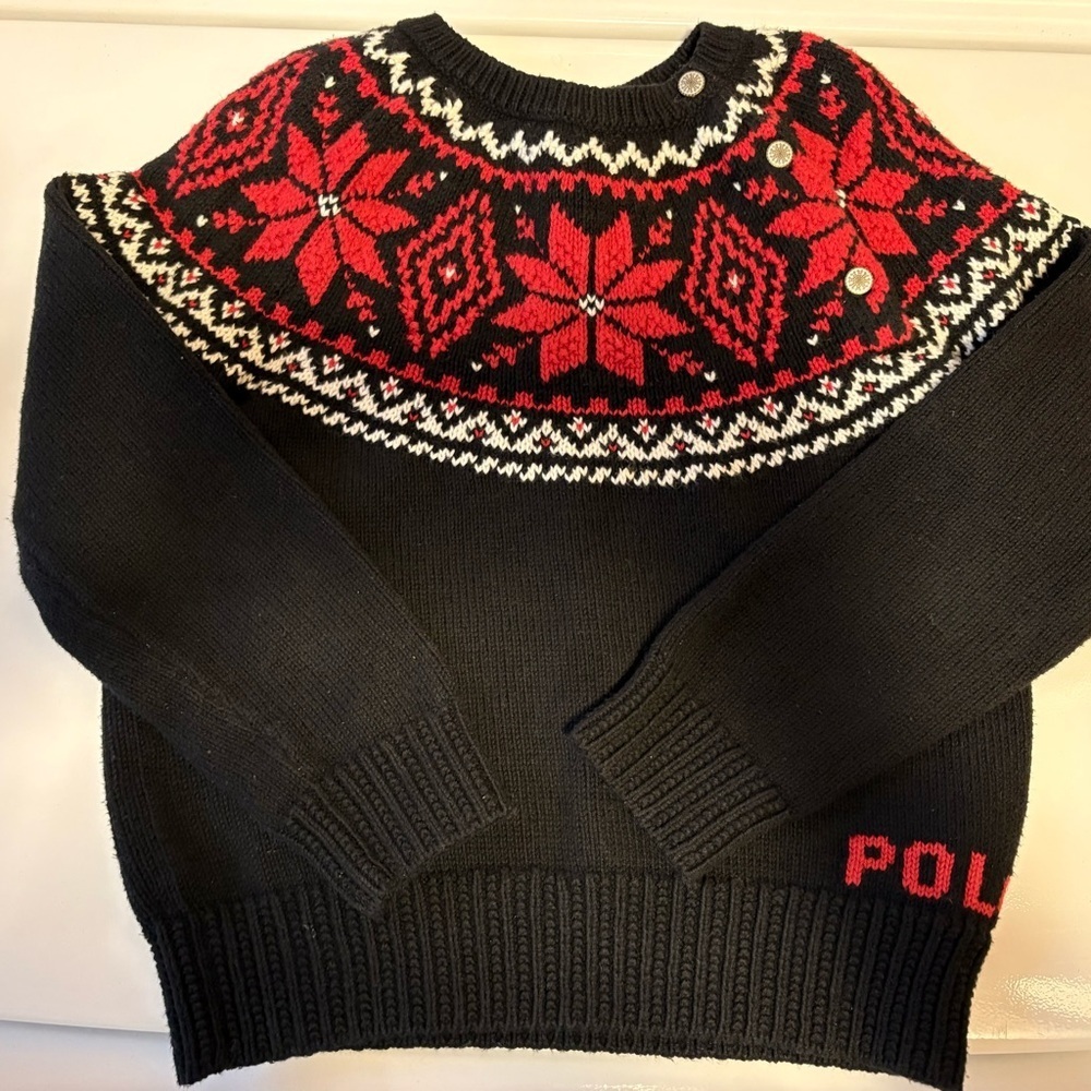 Polo by Ralph Lauren Black and Red Knit Fair Isle Sweater Girls 6X - Picture 3 of 7
